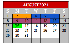 District School Academic Calendar for Denton Co J J A E P for August 2021