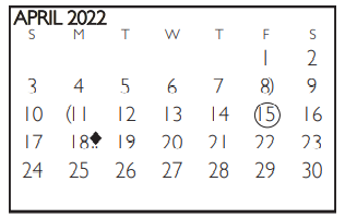 District School Academic Calendar for Tarrant Co J J A E P for April 2022