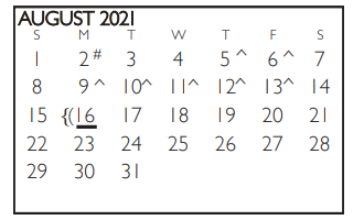 District School Academic Calendar for Shackelford Junior High for August 2021
