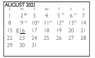 District School Academic Calendar for Tarrant Co J J A E P for August 2021