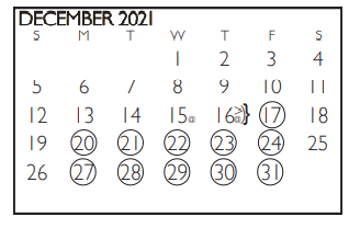 District School Academic Calendar for Tarrant Co J J A E P for December 2021