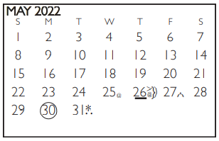 District School Academic Calendar for Tarrant Co J J A E P for May 2022