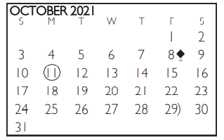 District School Academic Calendar for Tarrant Co J J A E P for October 2021