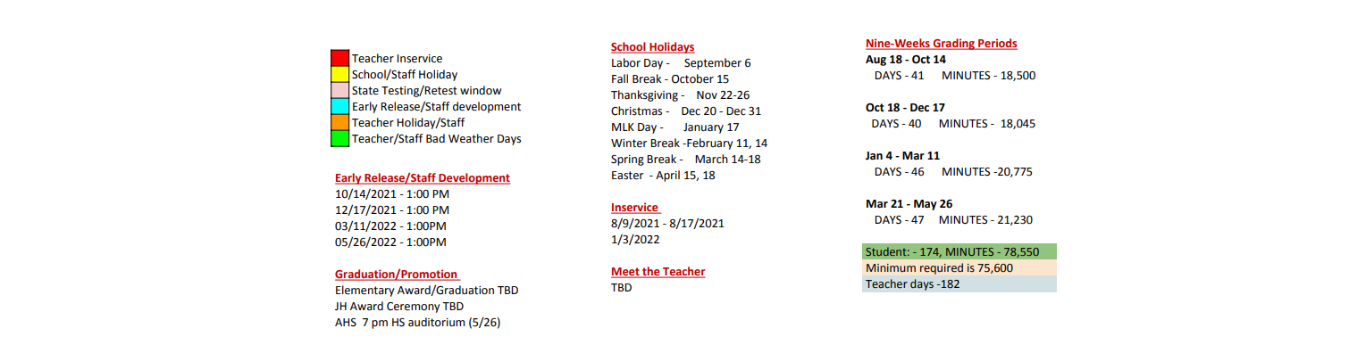 District School Academic Calendar Key for Arp Junior High