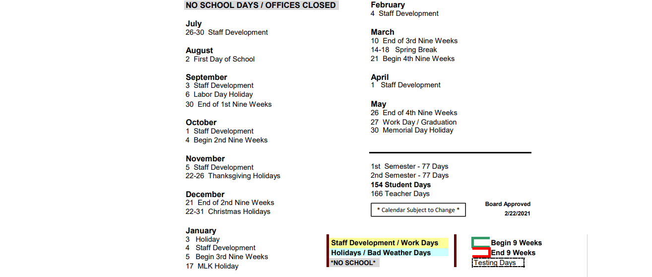 District School Academic Calendar Key for Bel Air El