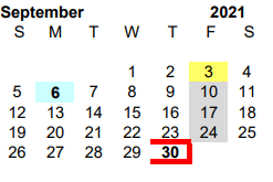 District School Academic Calendar for R C Fisher Campus for September 2021