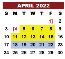 District School Academic Calendar for Corrective Behavior Ctr for April 2022