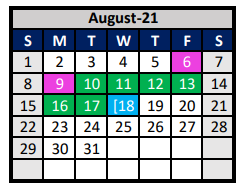 District School Academic Calendar for Denton Co J J A E P for August 2021