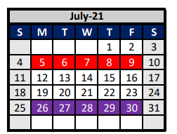 District School Academic Calendar for Denton Co J J A E P for July 2021