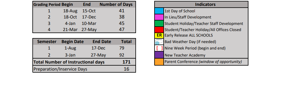 District School Academic Calendar Key for Aubrey Elementary