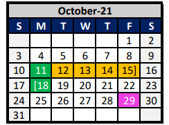 District School Academic Calendar for Denton Co J J A E P for October 2021