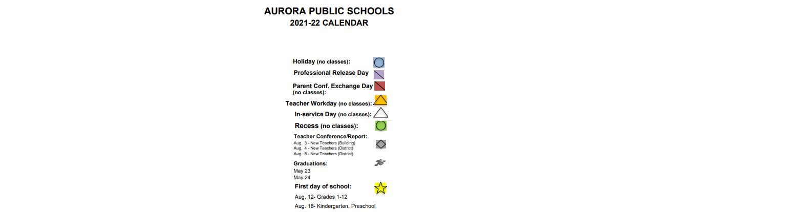 District School Academic Calendar Key for Aurora Central High School