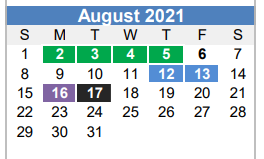 District School Academic Calendar for Reagan High School for August 2021