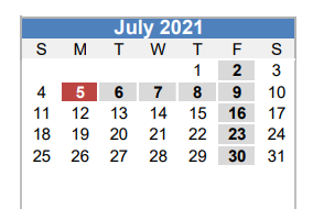 District School Academic Calendar for Small Middle School for July 2021