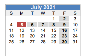 District School Academic Calendar for Pillow Elementary for July 2021