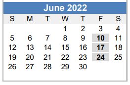 District School Academic Calendar for Mcbee Elementary for June 2022