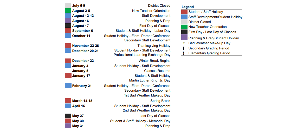 District School Academic Calendar Key for Undesignated El A