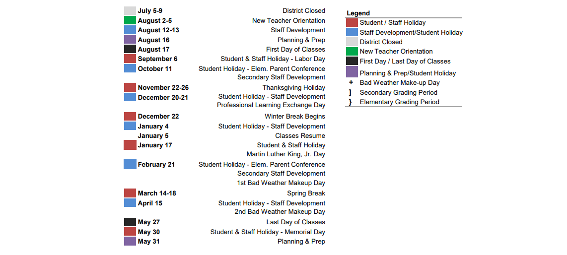 District School Academic Calendar Key for Sims Elementary