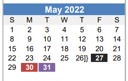 District School Academic Calendar for Aces- Alternative Center For Eleme for May 2022
