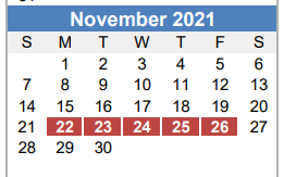 District School Academic Calendar for Ortega Elementary for November 2021