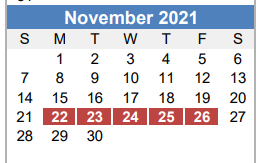 District School Academic Calendar for Bryker Woods Elementary for November 2021