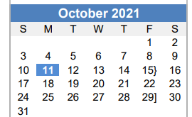 District School Academic Calendar for Mcbee Elementary for October 2021