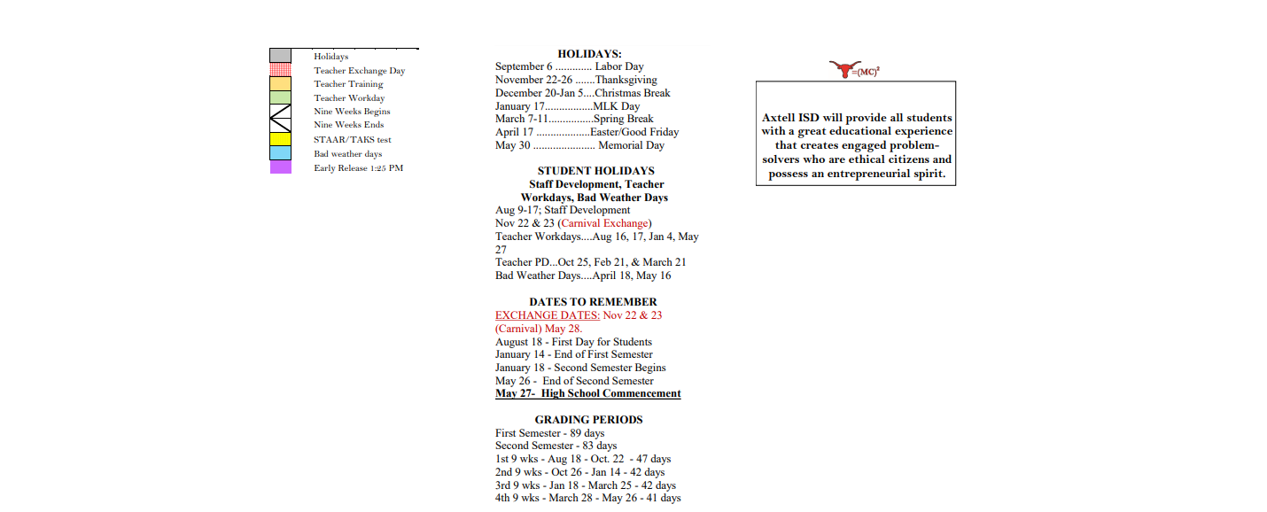 District School Academic Calendar Key for Axtell High School