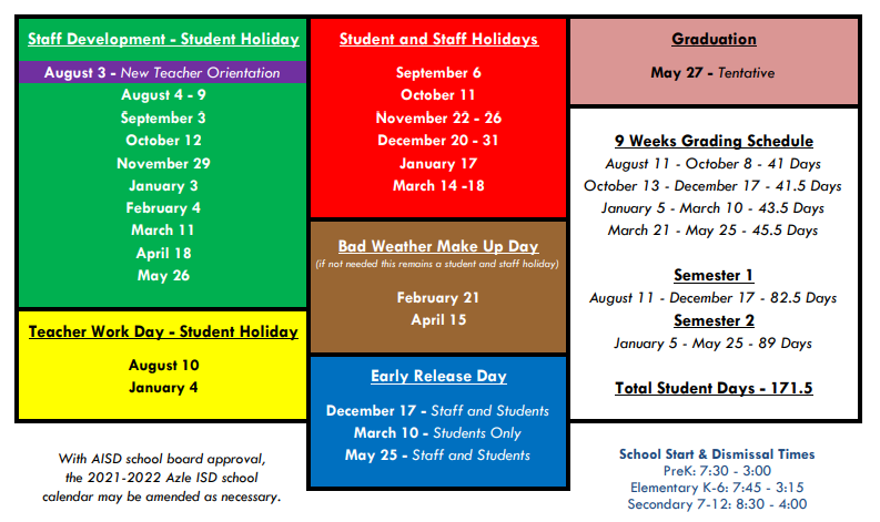 District School Academic Calendar Key for Azle Junior High South