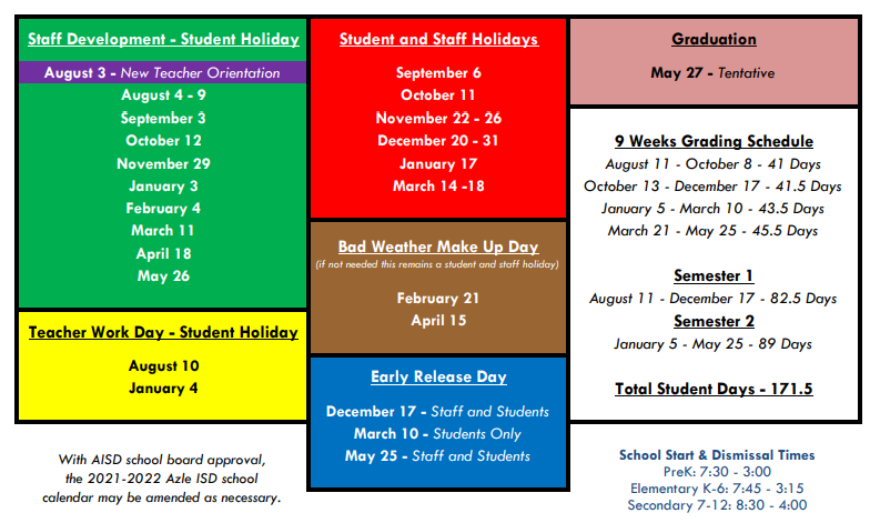 District School Academic Calendar Key for Tarrant Co J J A E P