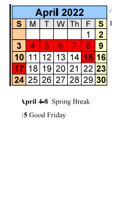 District School Academic Calendar for Davis Recovery Center for April 2022