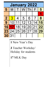 District School Academic Calendar for Elsanor School for January 2022