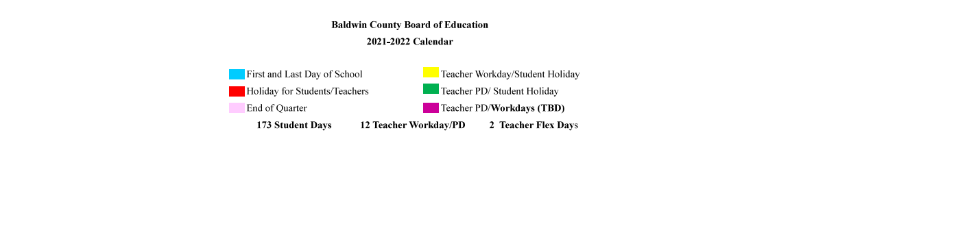 District School Academic Calendar Key for Baldwin County Alternative School