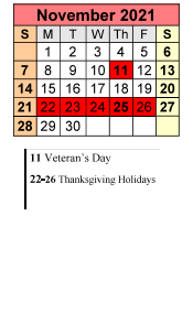 District School Academic Calendar for Elberta Elementary School for November 2021