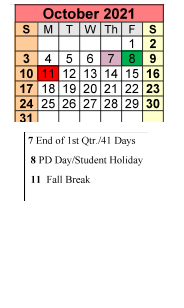 District School Academic Calendar for Davis Recovery Center for October 2021