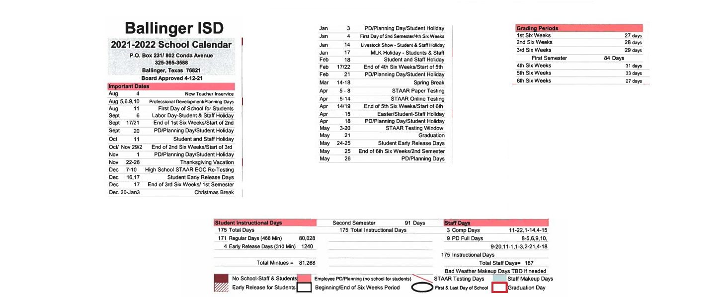District School Academic Calendar Key for Ballinger High School