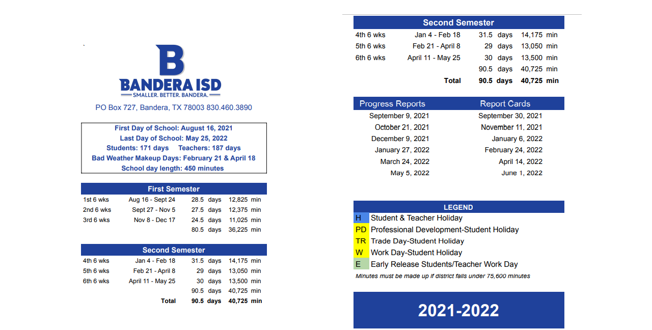 District School Academic Calendar Key for Bandera Middle