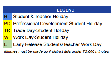 District School Academic Calendar Legend for Hill Country Elementary