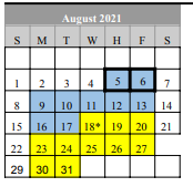 District School Academic Calendar for Early Special Program for August 2021