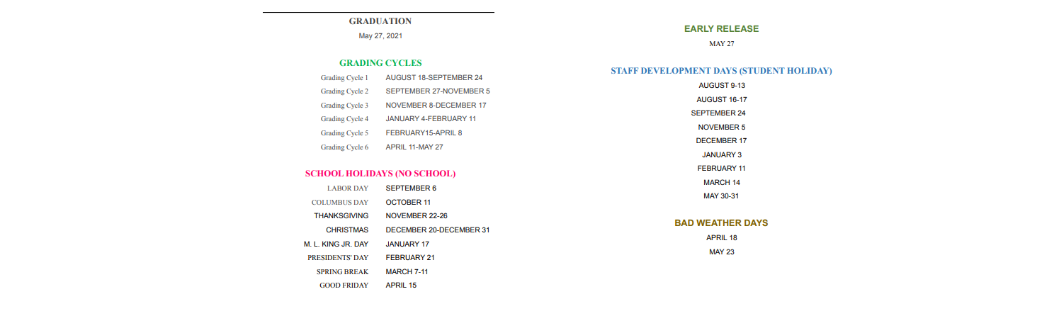 District School Academic Calendar Key for Early Special Program