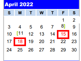 District School Academic Calendar for Adaptive Behavioral Unit for April 2022