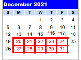 District School Academic Calendar for Hardin Chambers Alter for December 2021