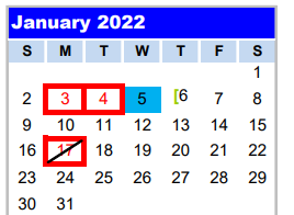 District School Academic Calendar for Adaptive Behavioral Unit for January 2022