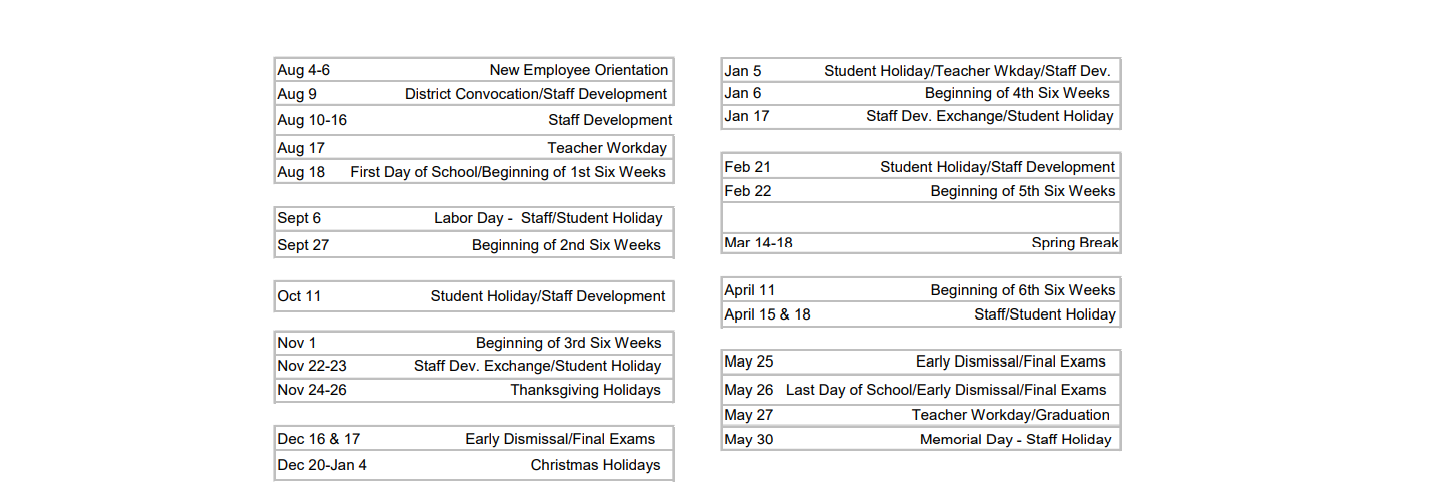 District School Academic Calendar Key for Adaptive Behavioral Unit