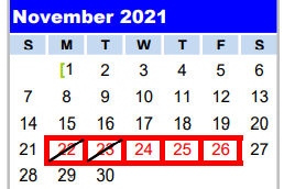 District School Academic Calendar for Hardin Chambers Alter for November 2021