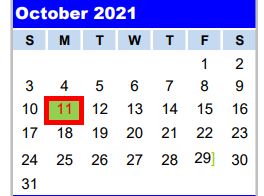 District School Academic Calendar for Hardin Chambers Alter for October 2021