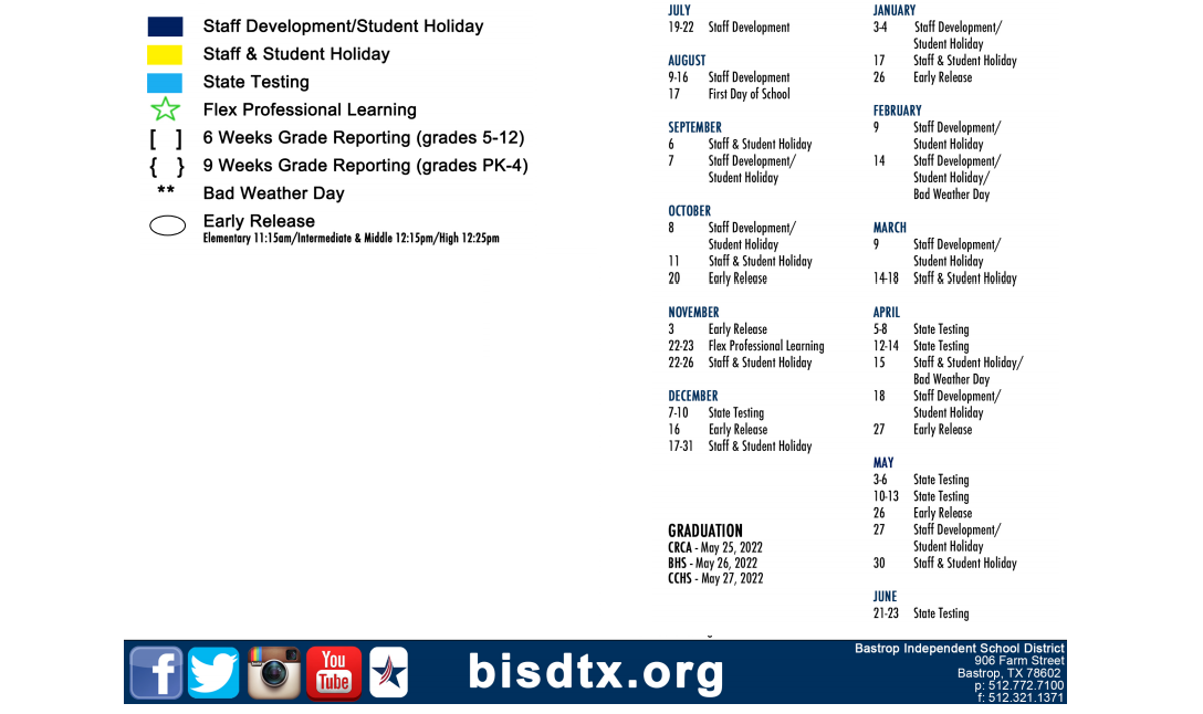 District School Academic Calendar Key for Bastrop Middle School