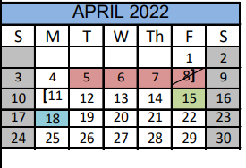 District School Academic Calendar for Mcallister Middle School for April 2022