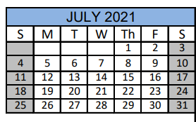 District School Academic Calendar for Matagorda Co J J A E P for July 2021