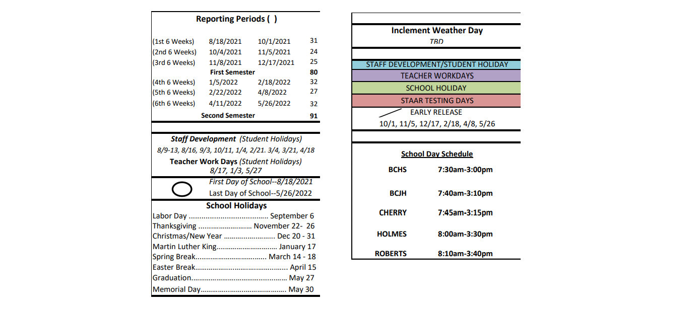 District School Academic Calendar Key for Roberts Elementary
