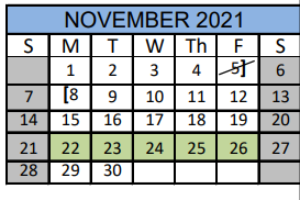 District School Academic Calendar for Matagorda Co J J A E P for November 2021